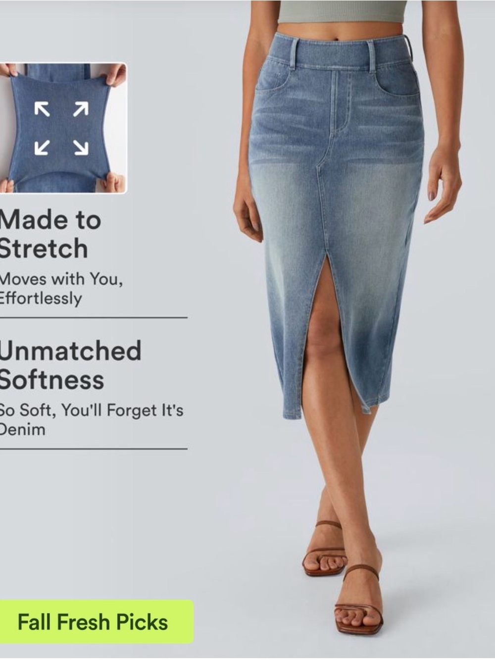 HALARA Light Gray Blue Denim Midi Skirt with Front Slit